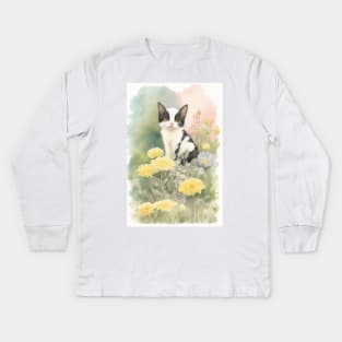 Black-white Cat in the Flower Garden Soft Pastel Colors Kids Long Sleeve T-Shirt